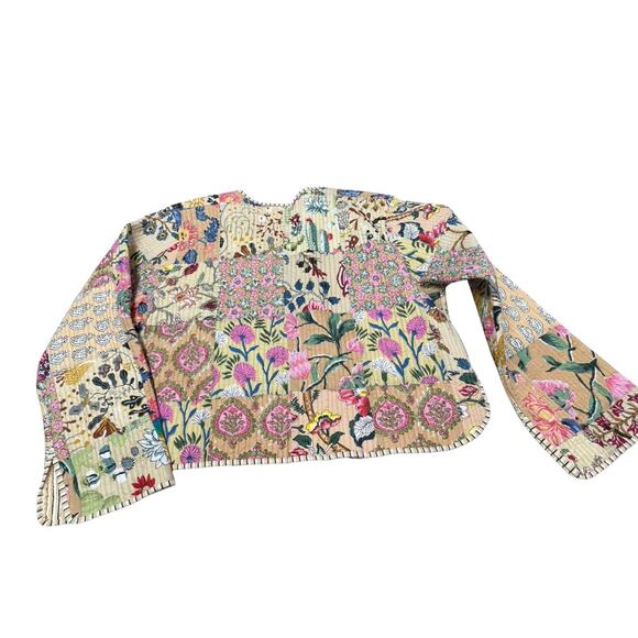 Boho Patchwork Quilted Cotton Jacket 2XL Cropped Floral Cottagecore - Picture 6 of 8